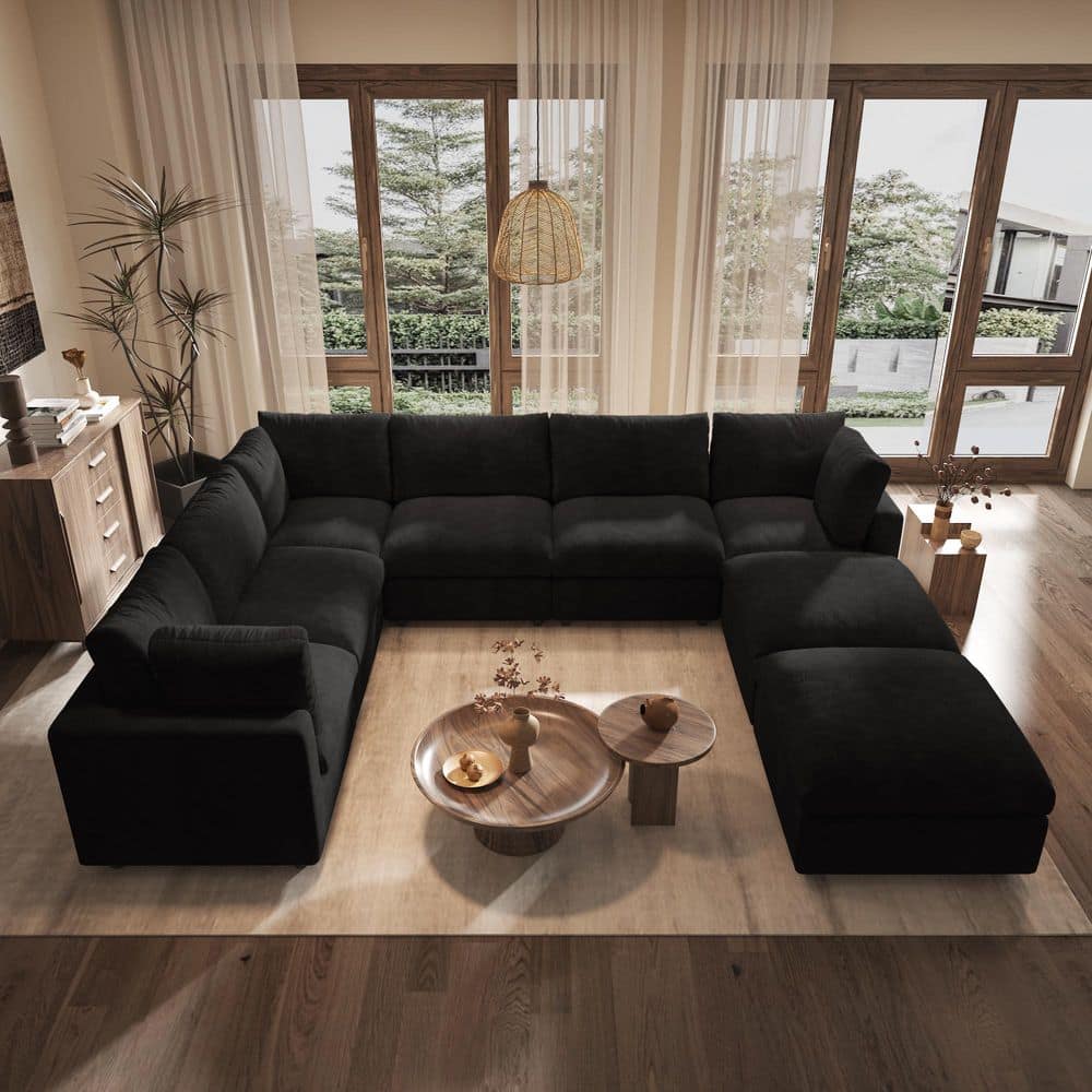 134 in. Square Arm Chenille 8-Piece Modular Free Combination Sectional Sofa with Removable Covers, Ottoman in Black