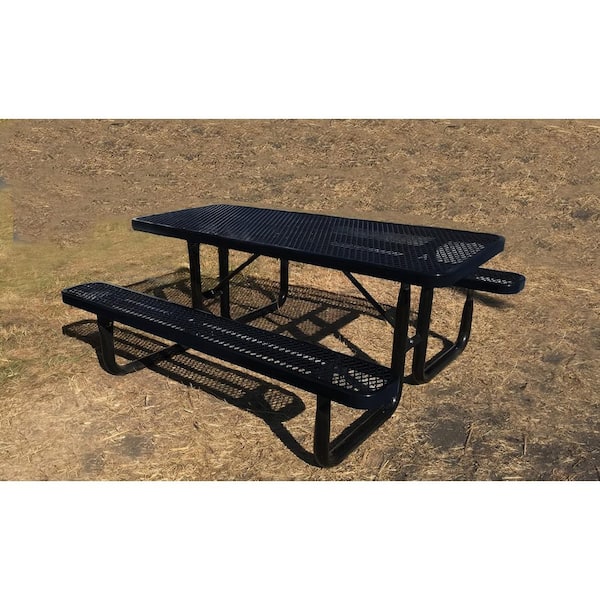 Outdoor Heavy Duty 72 in. W Black Rectangular Steel Picnic Table with 9 Gauge Expanded Metal Mesh Tops