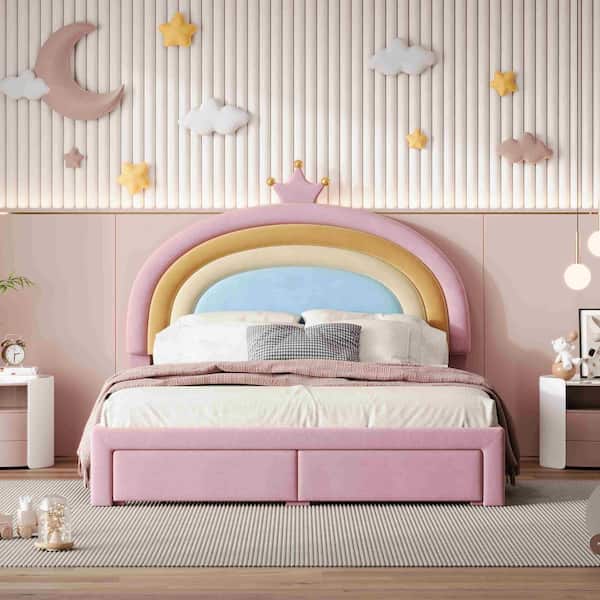 Pink Wood Frame Full Size Platform Bed with Storage Drawer