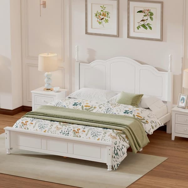 Polibi Retro Style Wood Frame Queen Size Platform Bed with Wooden Slat Support, White