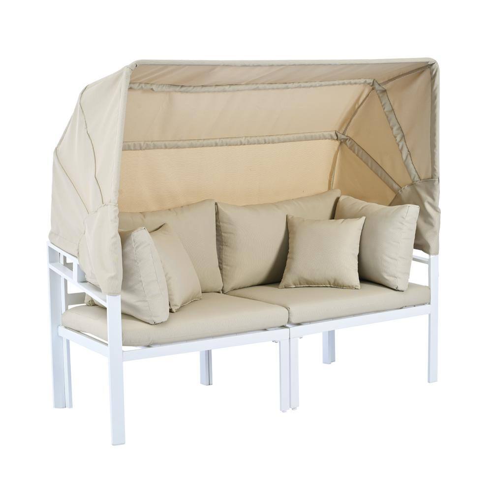 Beige Metal Two-Seat Sectional with Retractable Canopy