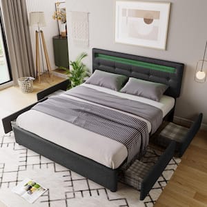 Gray Wood Frame Queen Size Platform Bed with 4-Storage Drawers, LED Lights and Adjustable Headboard