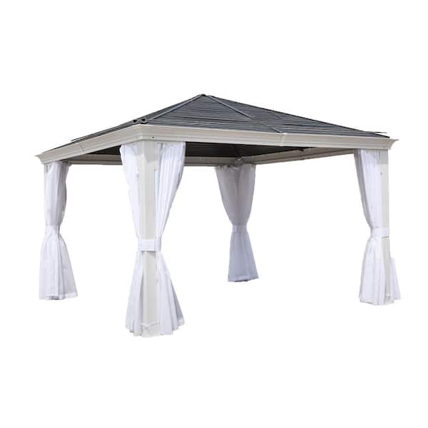 Unbranded 12 ft. x 12 ft. Deluxe Black Frame Wicker Square Outdoor Gazebo Set with Netting and UV-Resistant Curtains