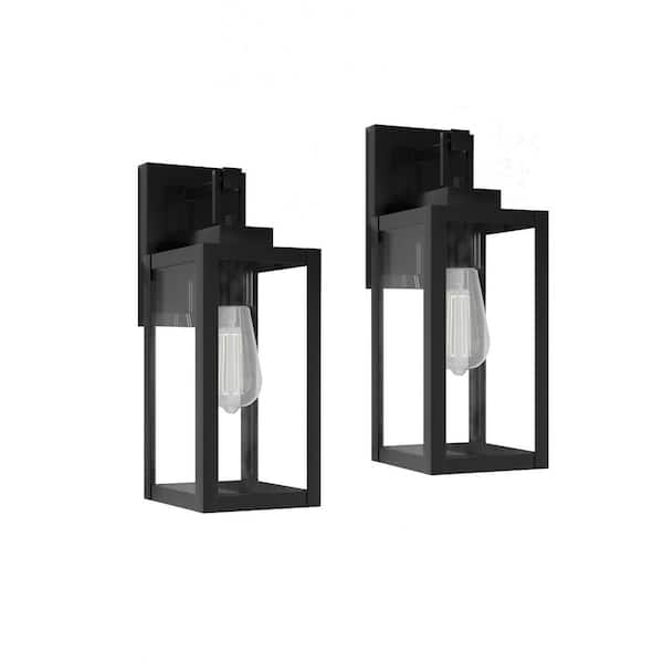 Hukoro Bonanza 14 in 1-Light Matte Black Outdoor Hardwired Wall Lantern Sconce with Clear Glass Shade, 1 x E26 (2-Pack)