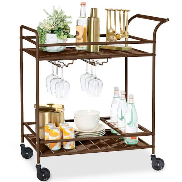 Best Choice Products 2-Tier Brown Outdoor/Indoor Metal Bar Serving Cart with Storage Shelves and Lockable Wheels