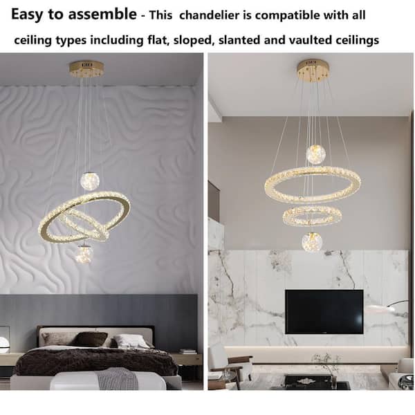 LED Crystal Round Chandelier – Ring Pendant Light Gold Finish, 3-Color CCT, Adjustable Height For Kitchen Island Living Dining Room Bedroom
