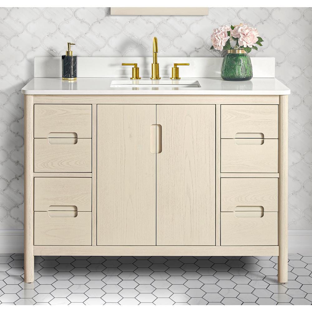 Montrose 49 in W x 22 in D x 35 in H Single Sink Bath Vanity in Natural Elm With White Quartz Top -  Home Decorators Collection, TH1054