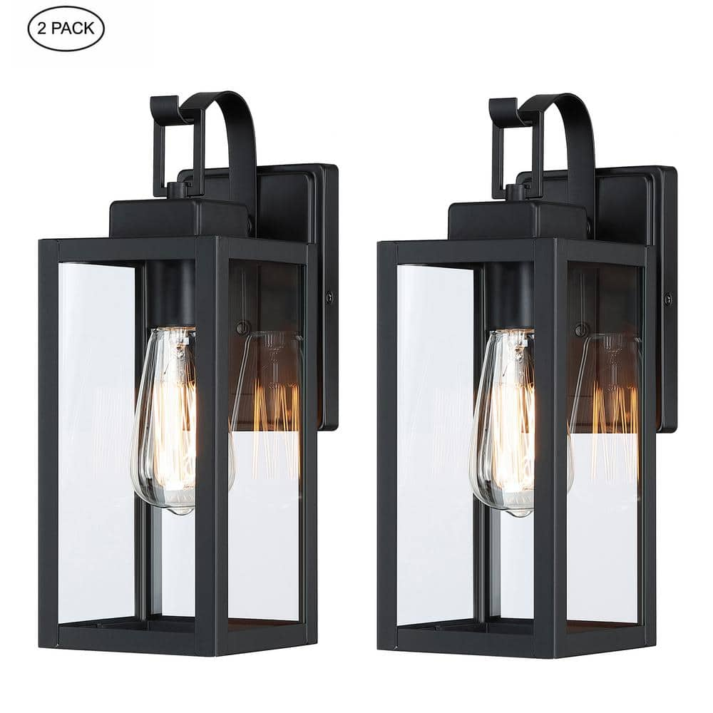 Hukoro Foothill 14 in. 1-Light Matte Black Outdoor Hardwired Wall Lantern Sconce with Clear Glass(2-Pack)