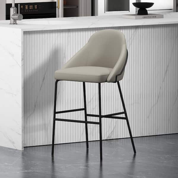 Gracie 29.1 in. Modern Stone and Black Metal Frame Bar Stool with Faux Leather Upholstered Seat