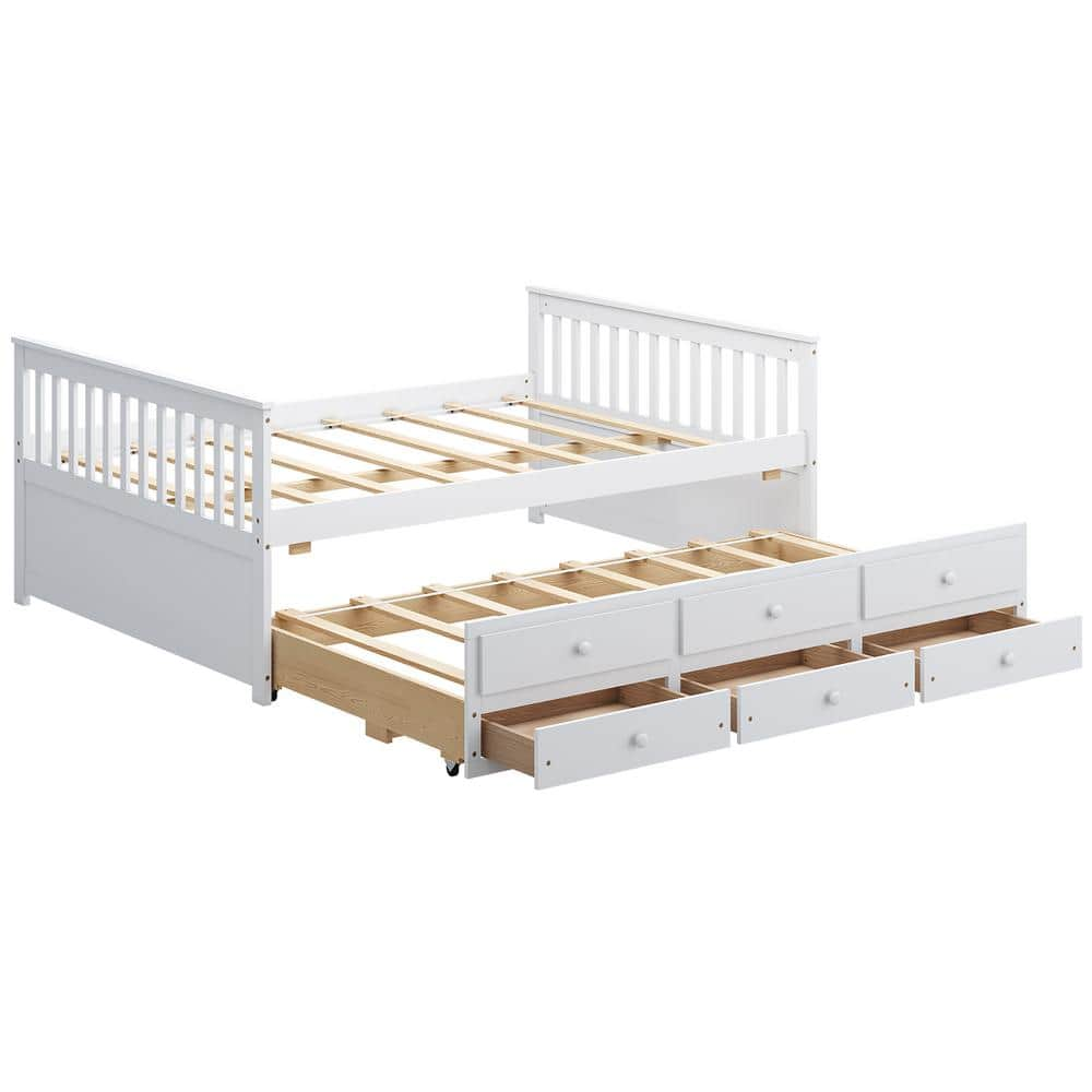 Costway White Full Daybed Frame with Twin Trundle Bed and 3 Storage ...