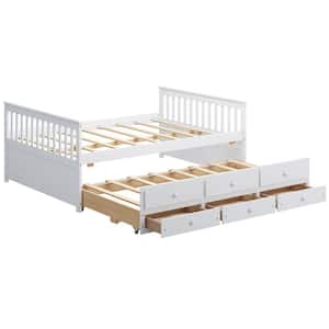 White Full Daybed Frame with Twin Trundle Bed and 3 Storage Drawers Wood Sofa Bed