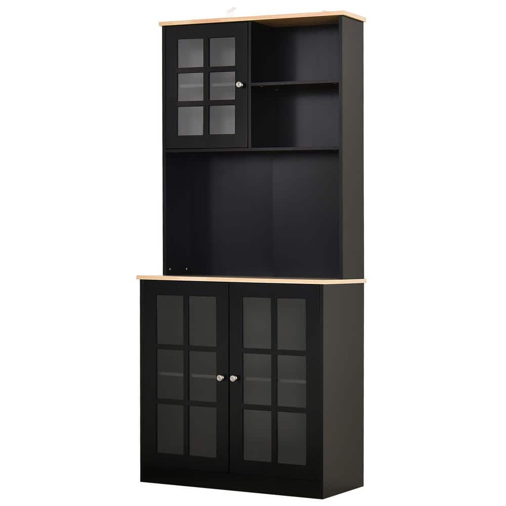 Sleek Modern Black Kitchen Buffet with Glass Door Hutch