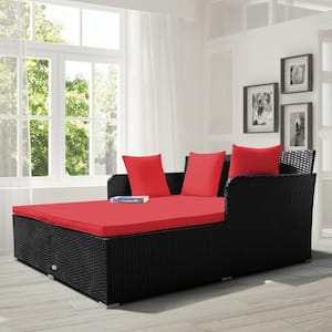 Outdoor Rattan Wicker Daybed Thick Pillows Lounge Chair with Red Cushion