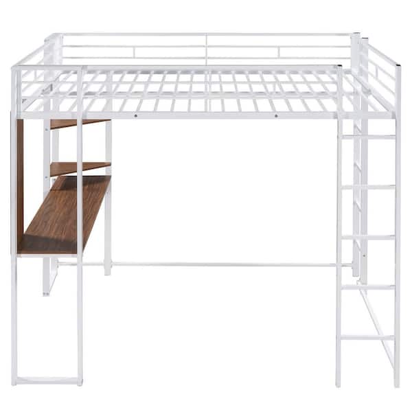 STICKON White Full Size Metal Loft Bed with 2 Shelves and Desk