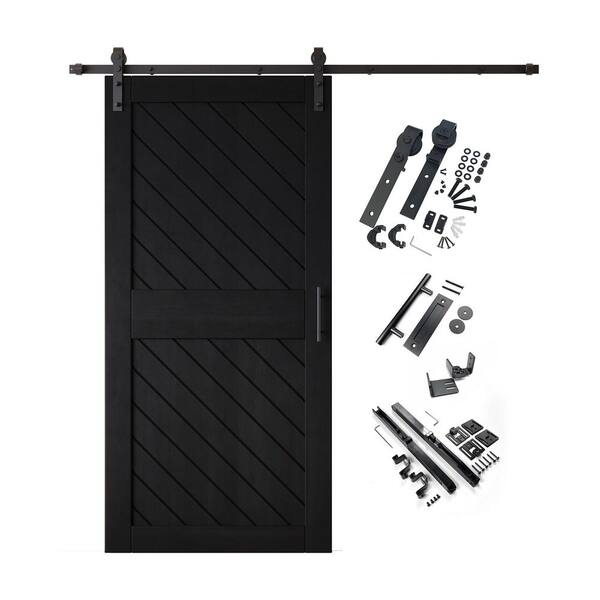 XT2 36 in. x 84 in. C-Panel Black Slanted Stripe Design Solid Pine Wood Sliding Barn Door with Hardware Kit