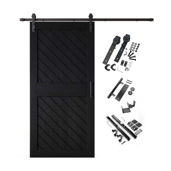 HOMACER XT2 40 in. x 84 in. C-Panel Black Slanted Stripe Design Solid Pine Wood Sliding Barn Door with Hardware Kit
