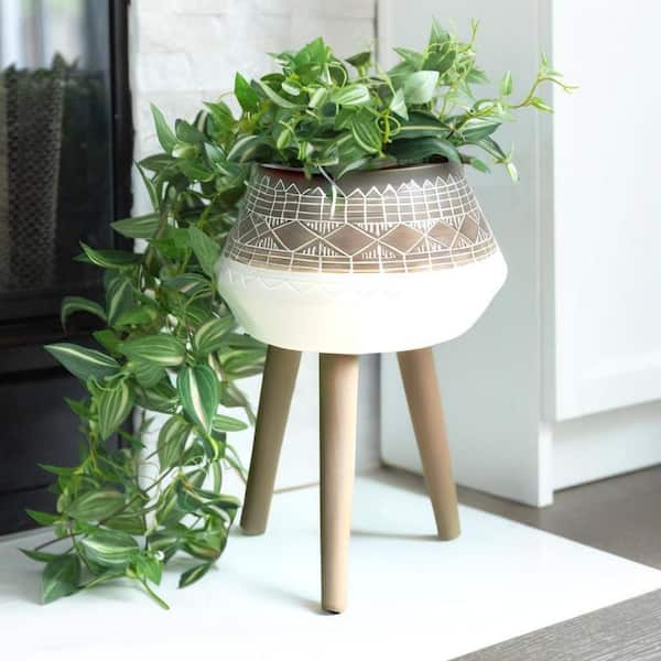 Mid-Century 18 in. Fiberglass Pot with Wood Stand Planter