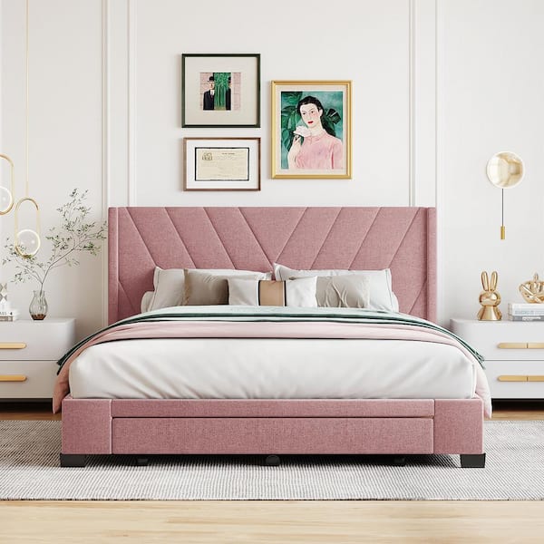 Pink Wood Frame Queen Size Linen Upholstered Platform Bed Frames with 3-Storage Drawers,Queen Storage Bed with Headboard