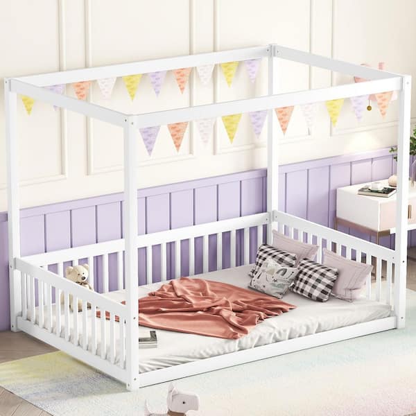 White Wooden Frame Full Size Canopy Platform Bed with Fence and Guardrails