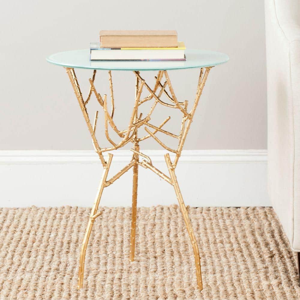 Round White Glass and Gold Metal Mirrored Accent Table