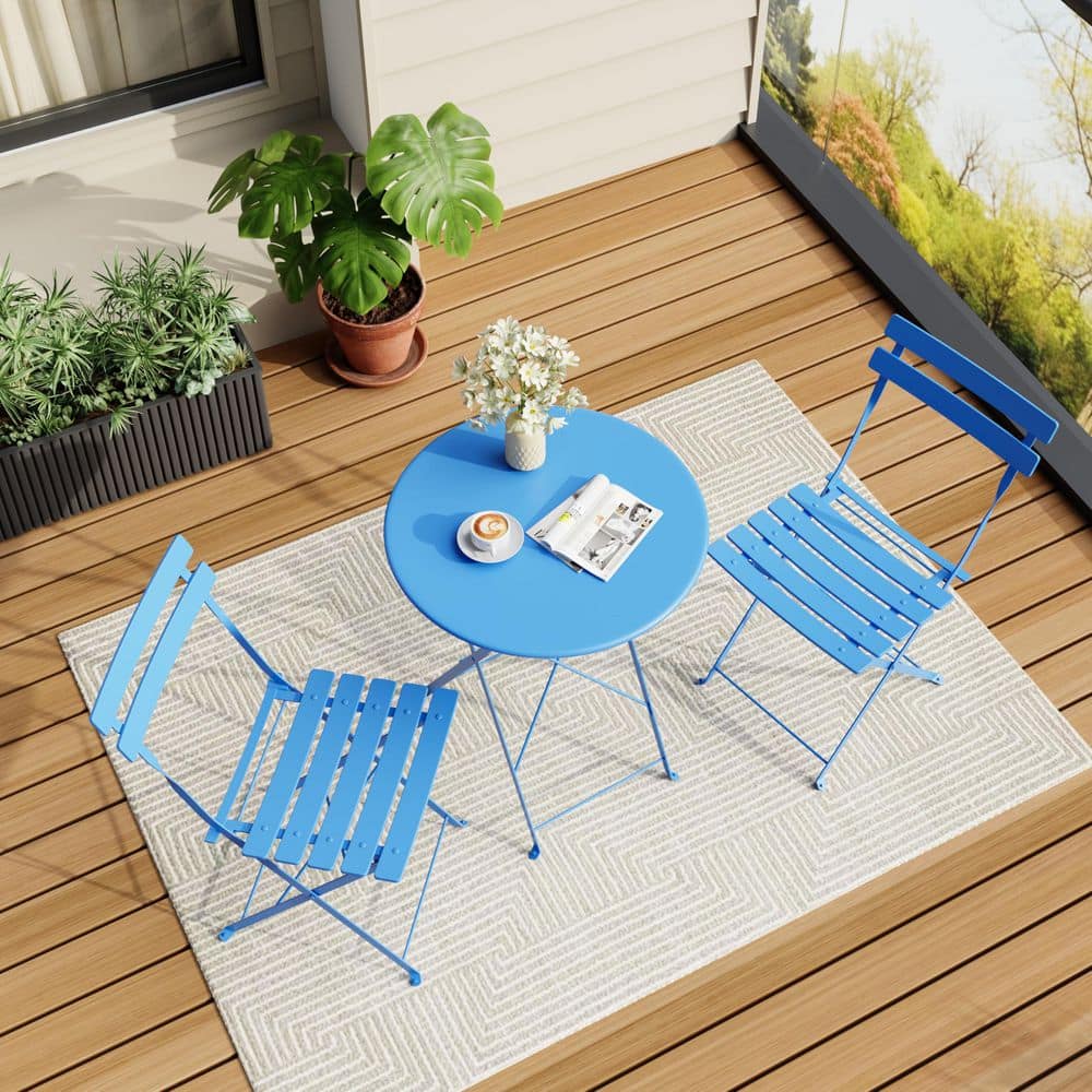 OUTGOODS 3 Piece Blue Metal Patio Bistro Set with Folding Table and 2 ...