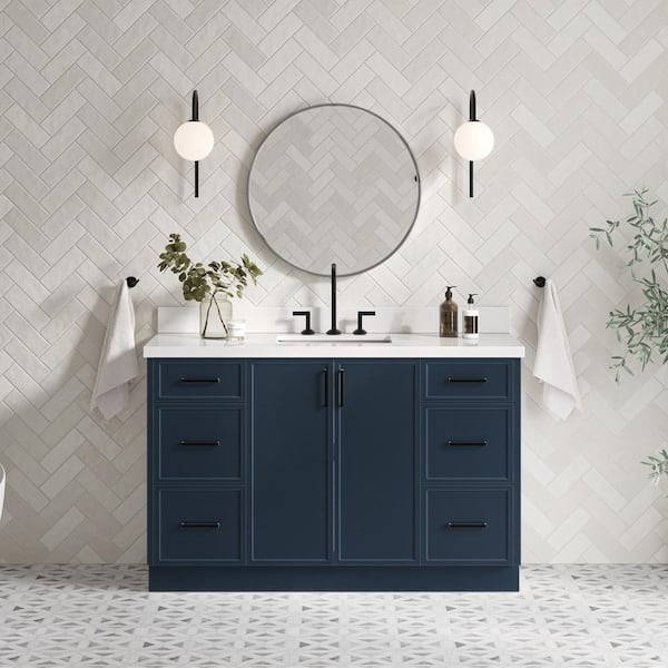 ARIEL Kelly 55 in. W x 22 in. D x 36 in. H Single Sink Bath Vanity in Midnight Blue with Pure White Quartz Top