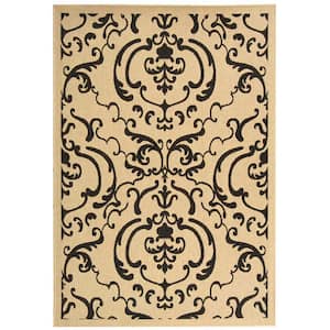 Courtyard Sand/Black 4 ft. x 6 ft. Border Indoor/Outdoor Patio  Area Rug