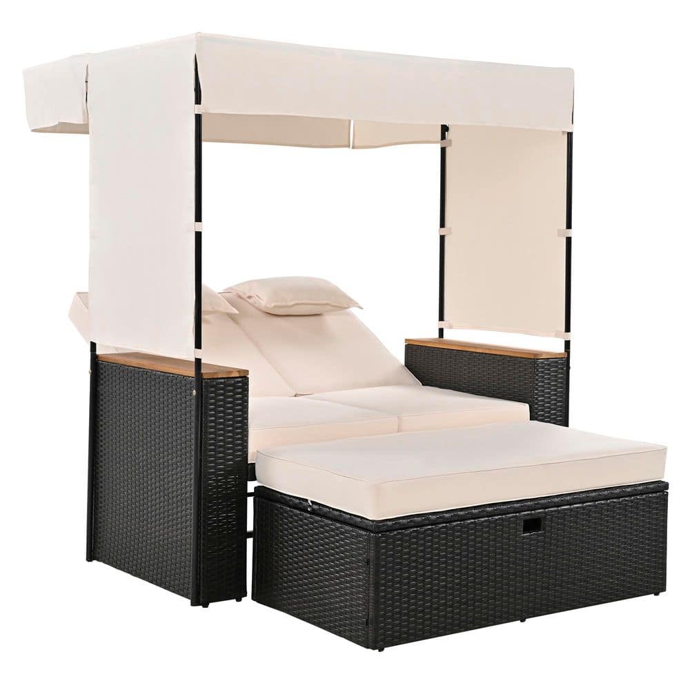 2-Piece Wicker Outdoor Day Bed with 5 Positions, Bench Lounge Roof Set and 