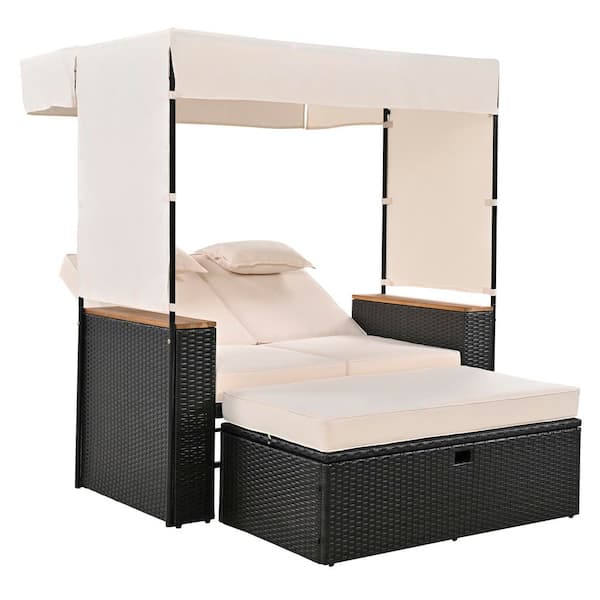 Unbranded 2-Piece Wicker Outdoor Day Bed with 5 Positions, Bench Lounge Roof Set and Cushions for Poolside, Backyard and Garden