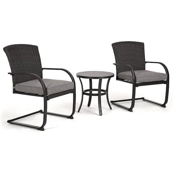 Tatayosi Large Terrace 3-Piece Outdoor Bistro Set with Upholstered Rattan Spring Chair and Metal Side Table