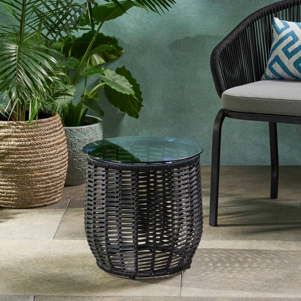 Boho Chic Black Iron Round Outdoor End Table with Glass Top