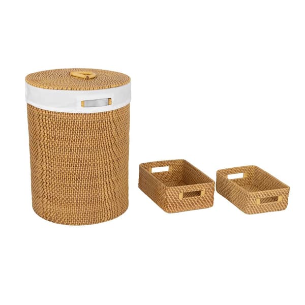 Seville Classics Brown 24 in. x 17 in. x 17 in. Wicker Modern Handwoven Round Laundry Room Hamper 3 Piece Set