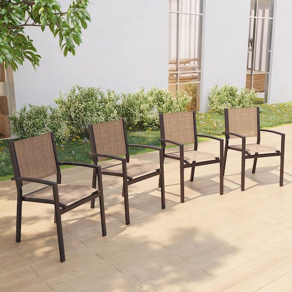 4-Pieces Brown Frame Powder-coated Steel Patio Outdoor Taupe Textilene Dining Chairs