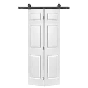 30 in. x 80 in. 6-Panel White Painted MDF Composite Bi-Fold Barn Door with Sliding Hardware Kit