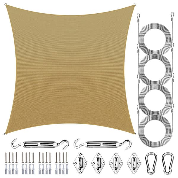 16 ft. x 16 ft. Square Sun Shade Sail with Hardware Kit and Rope-Sand Beige