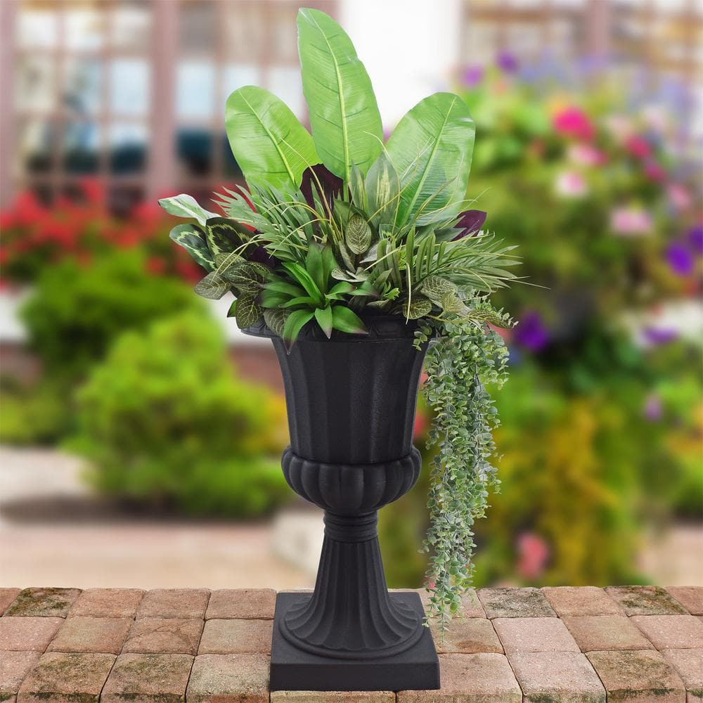 Large Black Plastic Outdoor Pedestal Urn Planter Set