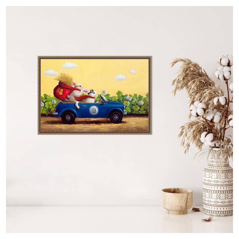 Whimsical Bunnies in Blue Car Framed Canvas Print