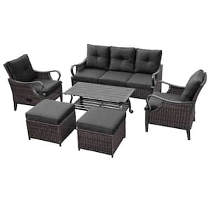 6-Piece Brown Rattan Wicker Outdoor Conversational Sectional Set with Light Coffee Table, Ottomans, Black Cushions