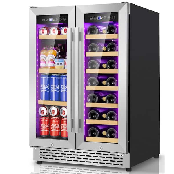 Dual Zone 24 in. Built-In/Freestanding 21-Wine Bottle and 55-Cans Beverage with RGB LED Lighting, Stainless Steel