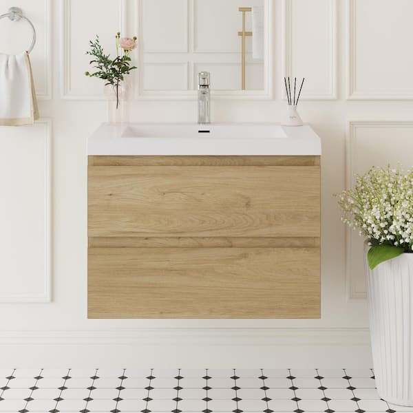 Abruzzo Angela 30 in. W x 18.7 in. D x 20.5 in. H Wall Mounted Floating Vanity in Natural Oak with Glossy White Basin