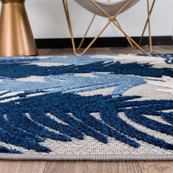 Tropical Floral Modern Indoor/Outdoor Navy 10 ft. x 14 ft. Area Rug