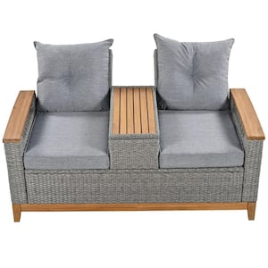 Adjustable Wicker Outdoor Arm Chaise Lounge with Gray Cushions and Storage Space