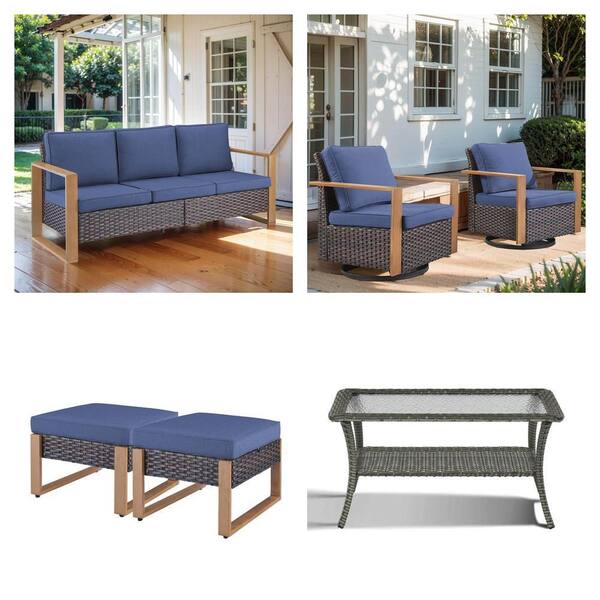 Wicker Patio Set: 3-Seat Sofa, 2-Pack Rocking Chairs, Ottoman Footstool and Glass Side Table