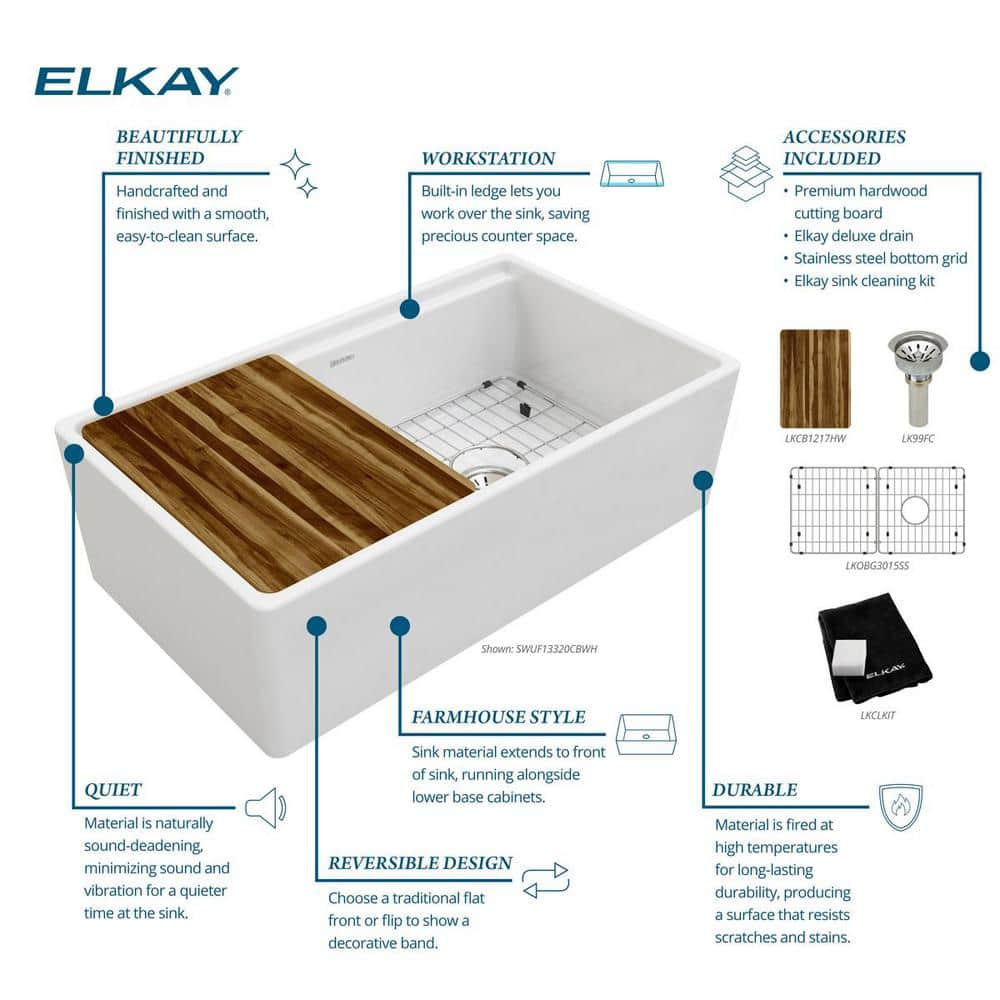 Elkay 33" White Fireclay Single Bowl Farmhouse Sink Kit