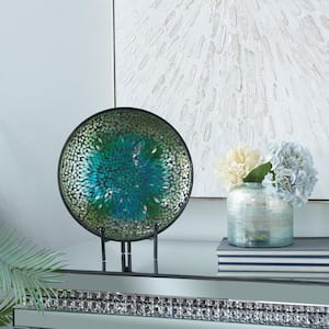 Green Glass Mosaic Inspired Abstract Charger with Black Stand