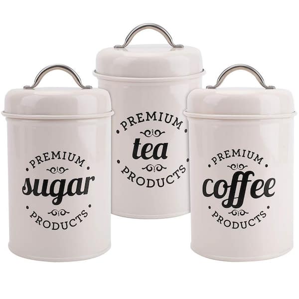 3-Piece Galvanized Iron Decorative Kitchen Canister Set with Airtight Lids for Coffee, Tea and Sugar