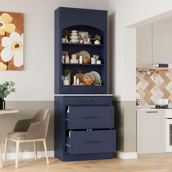 Freestanding Blue Kitchen Pantry Organizer, Cabinet with Faux Marble Top, Adjustable Shelf, 5-Drawers