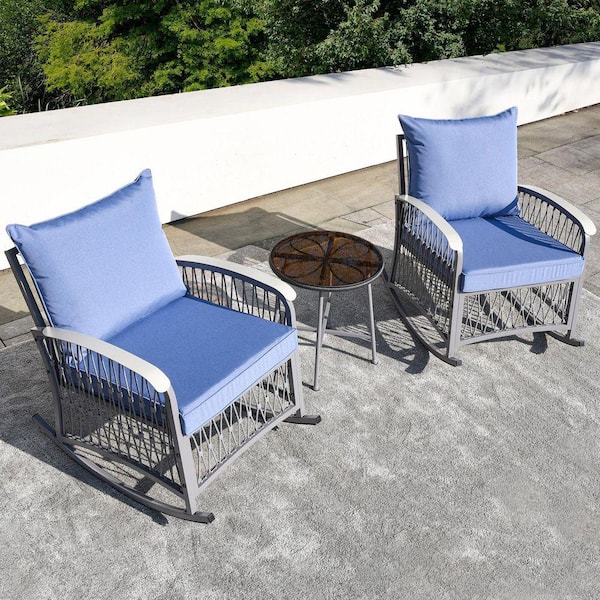 3-Piece Outdoor Patio Conversation Furniture Set with Glass Table and Blue Cushions for Backyard Porch Poolside Garden