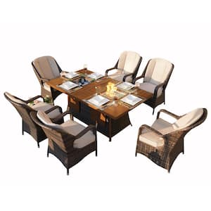 ELLE Brown 7-Piece Wicker Outdoor Dining Set with Fire Pits and Beige Cushions