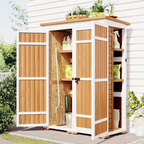 4.1 ft. W x 1.7 ft. D Outdoor Storage Wood Shed with Waterproof Asphalt Roof, 4 Lockable Doors 6.61 sq. ft., Natural